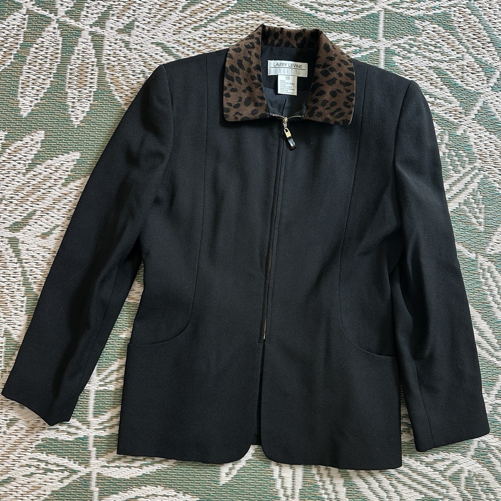 VTG Larry Levine Jacket Women Size 10 Black Wool Leopard Print Collar Zip Front